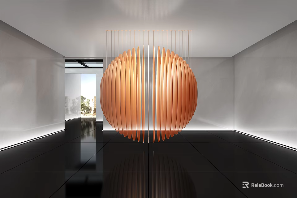 Hanging Orange Circular Sculpture With Striped Structure In Modern Interior Space 3d model