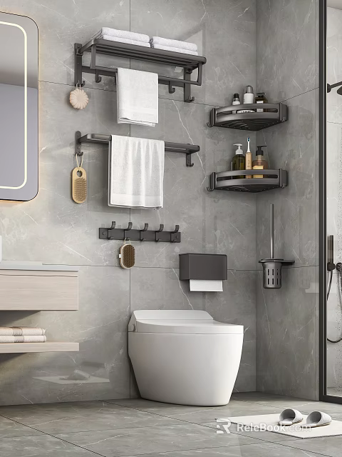 Bathroom Accessories Including Towel Rack Hooks Shelves Toilet Paper Holder and Brush Holder 3d model 