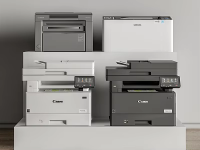 Office Appliances Display Various Canon Printers in Different Colors on White Shelf 3d model