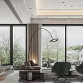 Modern Dining and Living Room Interior With Green Chairs Marble Wall and Pendant Lights