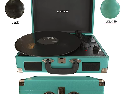 HYKKEE Turquoise Portable Turntable With Black Vinyl Record And Case Design 3d model