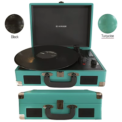 HYKKEE Turquoise Portable Turntable With Black Vinyl Record And Case Design 3d model