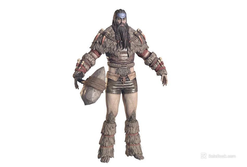 Rugged Tribal Warrior Character With Long Hair Beard In Fur Leather Armor Holding Shield 3d model 