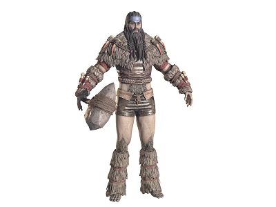 Rugged Tribal Warrior Character With Long Hair Beard In Fur Leather Armor Holding Shield 3d model
