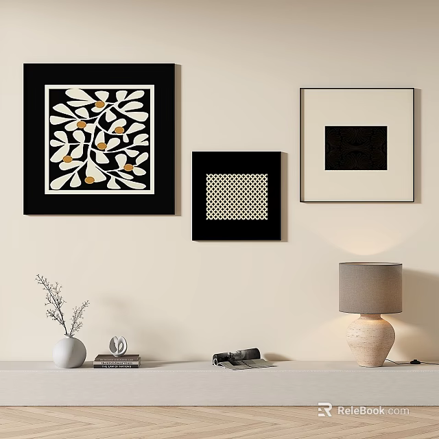 Abstract Paintings on Wall with Black Light Frames Leaves Geometric Patterns and Home Decor 3d model
