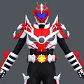 Man in Red White Black Armored Suit with Horned Helmet and Warrior Hero Stance