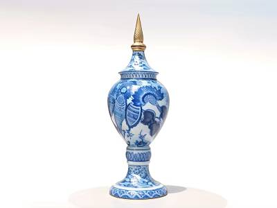 Blue and White Ceramic Vase With Golden Spire Top And Decorative Motifs 3d model