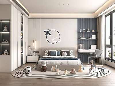 Modern Kids Room Interior With Bed Toys Desk Bookshelf Soccer Ball And Airplane Decoration 3d model