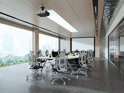 Modern Spacious Conference Room Interior With Large Windows Projector And Comfortable Chairs 3d model
