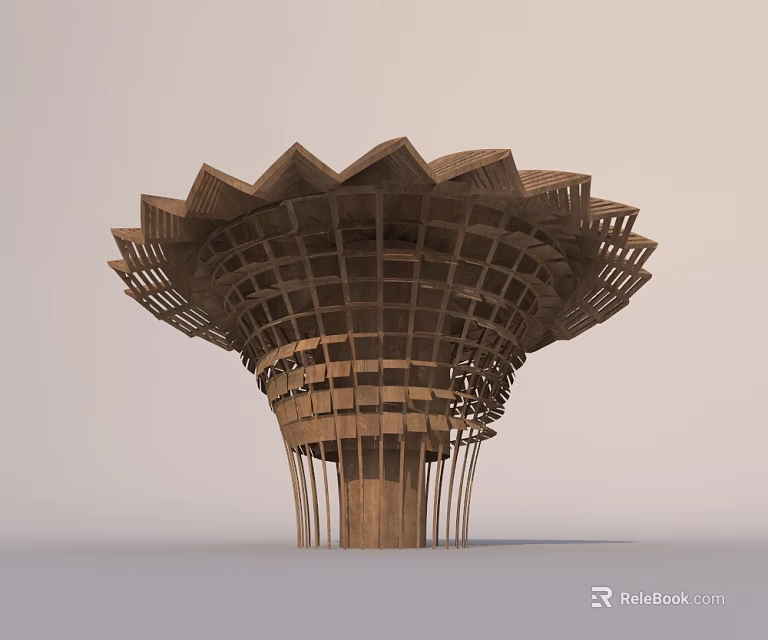 Wooden Garden Ornament Featuring Flower Shaped Top And Intricate Grid Pattern 3d model 