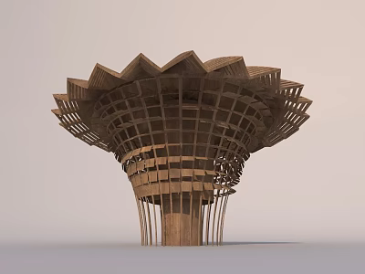 Wooden Garden Ornament Featuring Flower Shaped Top And Intricate Grid Pattern 3d model