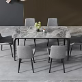 Modern Dining Table Set With Marble Tabletop Six Grey Chairs And Decorative Vase 3d model