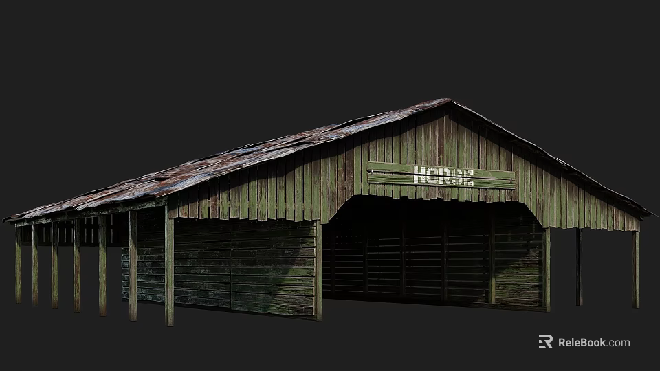 Old Weathered Wooden Stable Building With Rusty Roof And Horse Sign 3d model 