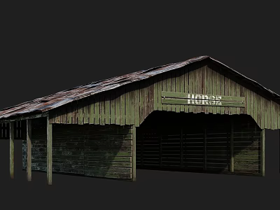 Old Weathered Wooden Stable Building With Rusty Roof And Horse Sign 3d model