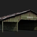 Old Weathered Wooden Stable Building With Rusty Roof And Horse Sign