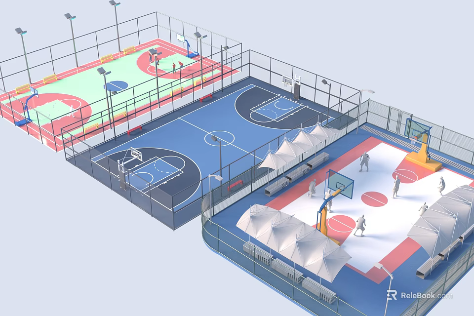 Basketball Court Facility With Multiple Colorful Surfaces Fencing Lighting And Canopies 3d model 