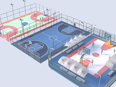 Basketball Court Facility With Multiple Colorful Surfaces Fencing Lighting And Canopies 3d model