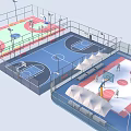 Basketball Court Facility With Multiple Colorful Surfaces Fencing Lighting And Canopies