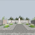 Memorial Site With White Statue Stone Walls And Landscaped Pathway Surrounded By Trees