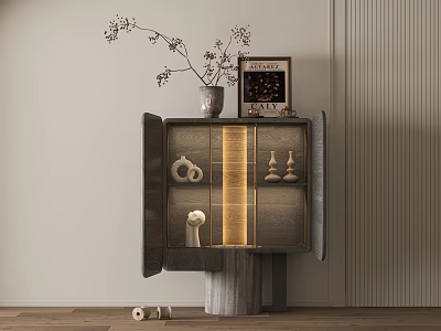 Modern Decorative Cabinet With Textured Design Vase Lighting And Decorations 3d model
