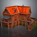 Charming Log Cabin With Red Roof Stained Glass Windows Balcony Staircase And Vines On Walls