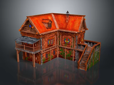 Charming Log Cabin With Red Roof Stained Glass Windows Balcony Staircase And Vines On Walls 3d model
