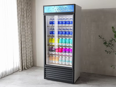 Display Refrigerator With Transparent Glass Door Filled With Various Colored Beverage Bottles And Top Screen 3d model