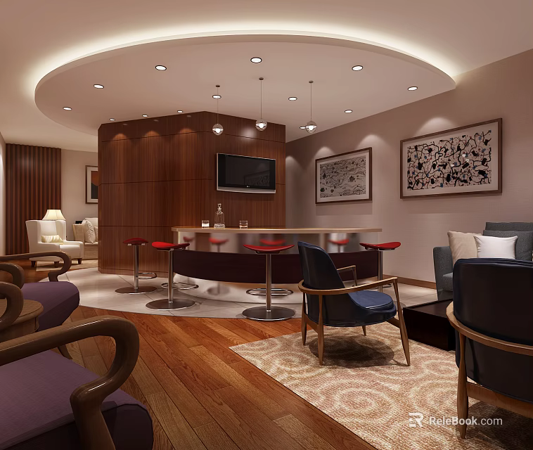 Elegant Leisure Area Interior With Wooden Decor Round Bar Counter Red Stools Sofa And Artworks 3d model 