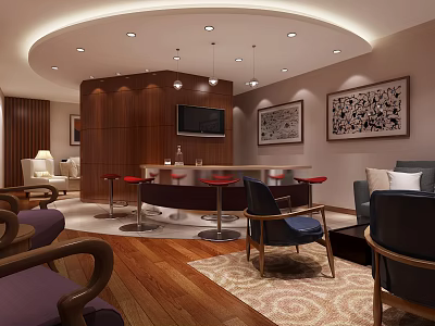Elegant Leisure Area Interior With Wooden Decor Round Bar Counter Red Stools Sofa And Artworks 3d model