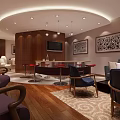 Elegant Leisure Area Interior With Wooden Decor Round Bar Counter Red Stools Sofa And Artworks