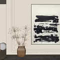 Black And White Abstract Wall Painting With Dried Branches In Ceramic Vase
