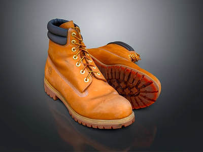 Yellow Leather Work Boots With Durable Treaded Rubber Sole And Comfortable Lace Up Design 3d model