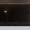 Modern Hotel Corridor With Dark Wooden Walls Multiple Doors And Wall Lamp
