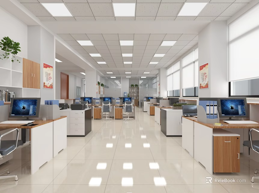 Bright Public Office Space With Desks Computers Windows And Green Plants 3d model