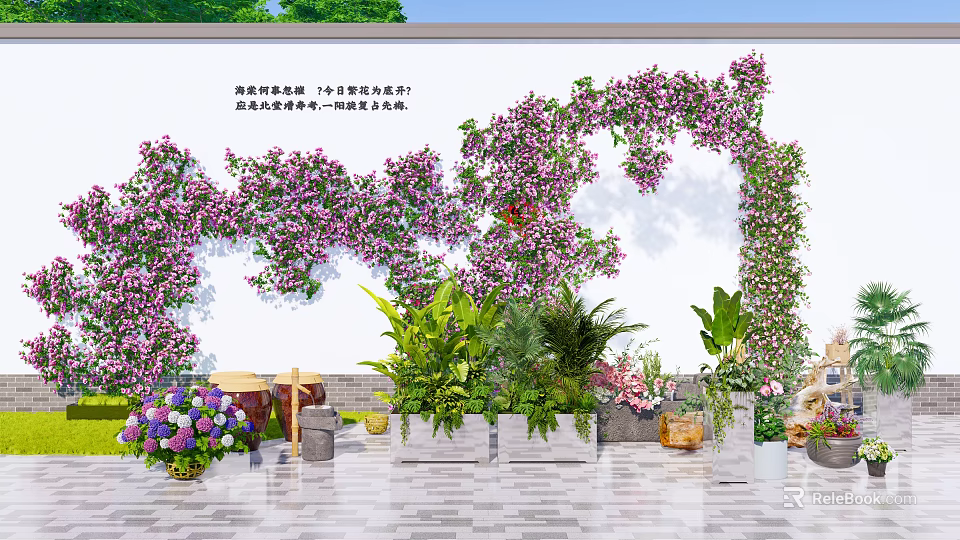 Decorative Flower Beds and Pots with Purple Vines Green Plants and Colorful Blooms 3d model 