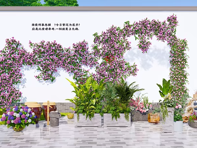 Decorative Flower Beds and Pots with Purple Vines Green Plants and Colorful Blooms 3d model