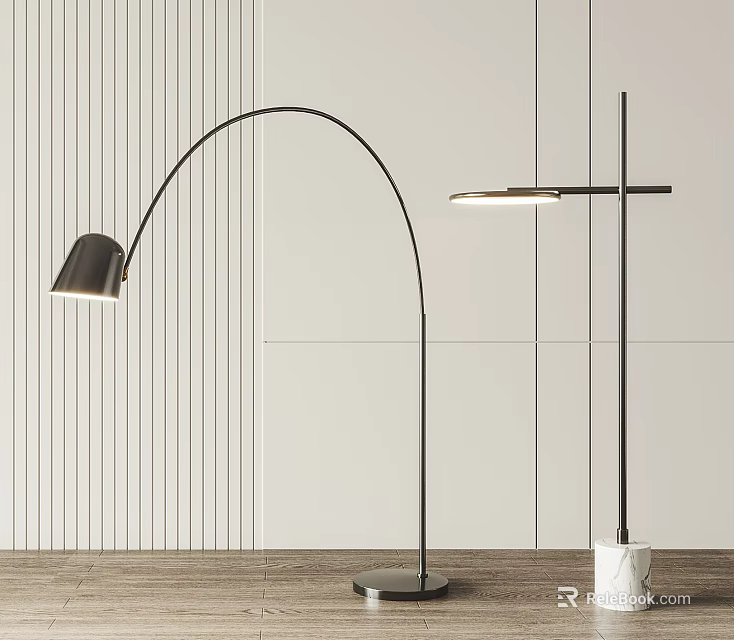 Modern Arc And Column Floor Lamps In Minimalist Room With Striped Wall And Wooden Floor 3d model 