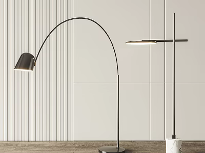 Modern Arc And Column Floor Lamps In Minimalist Room With Striped Wall And Wooden Floor 3d model