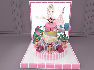 Ballerina Themed Pink Cake With Layered Design Floral Accents And Decorative Stand 3d model