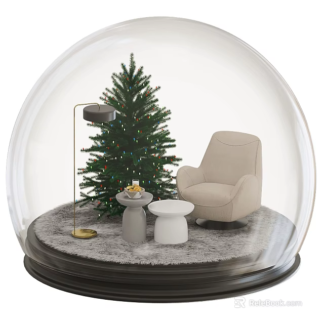 Transparent Glass Globe Scene With Christmas Tree Beige Chair Tables Lamp And Gray Carpet 3d model 