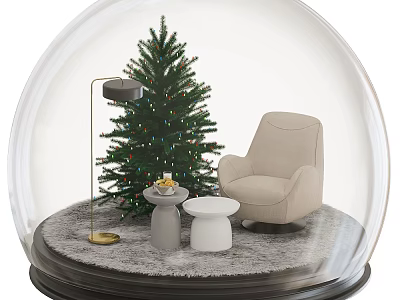 Transparent Glass Globe Scene With Christmas Tree Beige Chair Tables Lamp And Gray Carpet 3d model