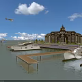 Scenic Waterfront Landscape With Luxury Yachts Wooden Dock Domed Building And Seaplane In Cloudy Sky