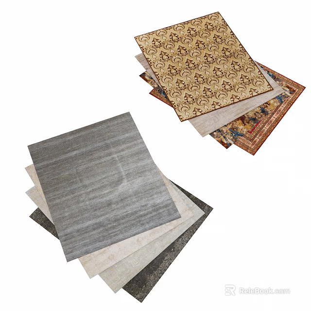Square Rugs In Neutral Tones And Intricate Patterns Stacked Together For 3d model 