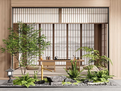 Japanese Style Courtyard Garden With Lush Greenery Stone Lantern And Tea Table 3d model