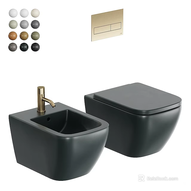 Modern Black Toilet And Bidet With Gold Faucet And Multiple Color Options 3d model 