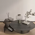 Modern Round Black Coffee Table With Geometric Side Table Decorative Vases And Plants 3d model