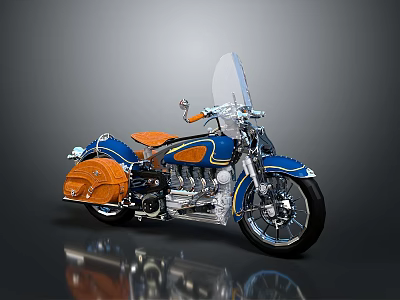 Vintage Blue Motorcycle Featuring Orange Seat Saddlebag Chrome Details And Transparent Windshield 3d model