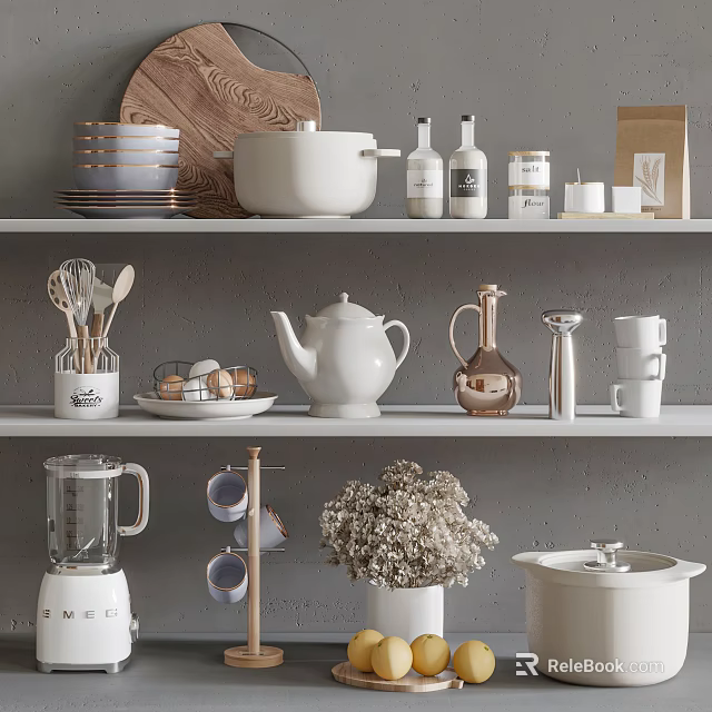 Modern Organized Kitchenware Display With Teapot Dishes Blender Cups And Spice Bottles On Kitchen Shelves 3d model 