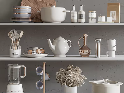 Modern Organized Kitchenware Display With Teapot Dishes Blender Cups And Spice Bottles On Kitchen Shelves 3d model