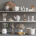 Modern Organized Kitchenware Display With Teapot Dishes Blender Cups And Spice Bottles On Kitchen Shelves